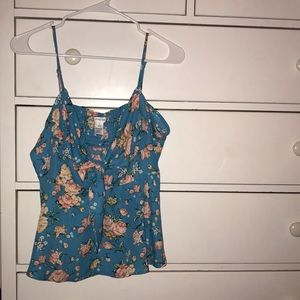 Blue floral tie front tank top
